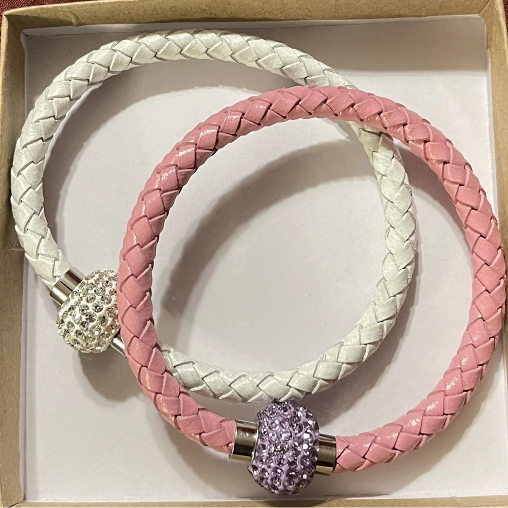 Braided Bolo Leather Bracelets W/ Crystal Stainless Steel Magnetic Clasp